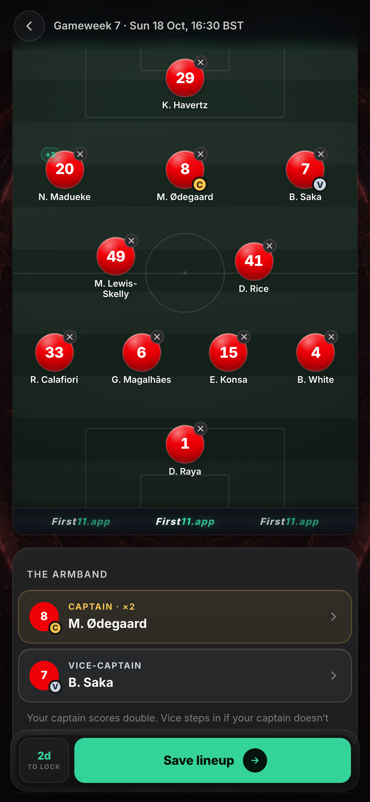 The pitch picker on a phone: an Arsenal eleven in a 4-2-3-1, with Ødegaard as captain and Saka as vice
