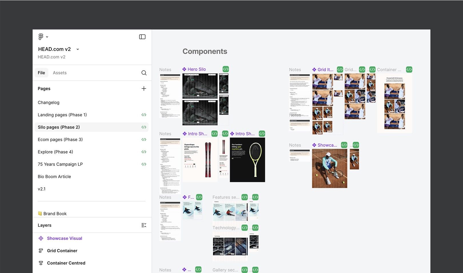 The Figma component library with product cards and page modules
