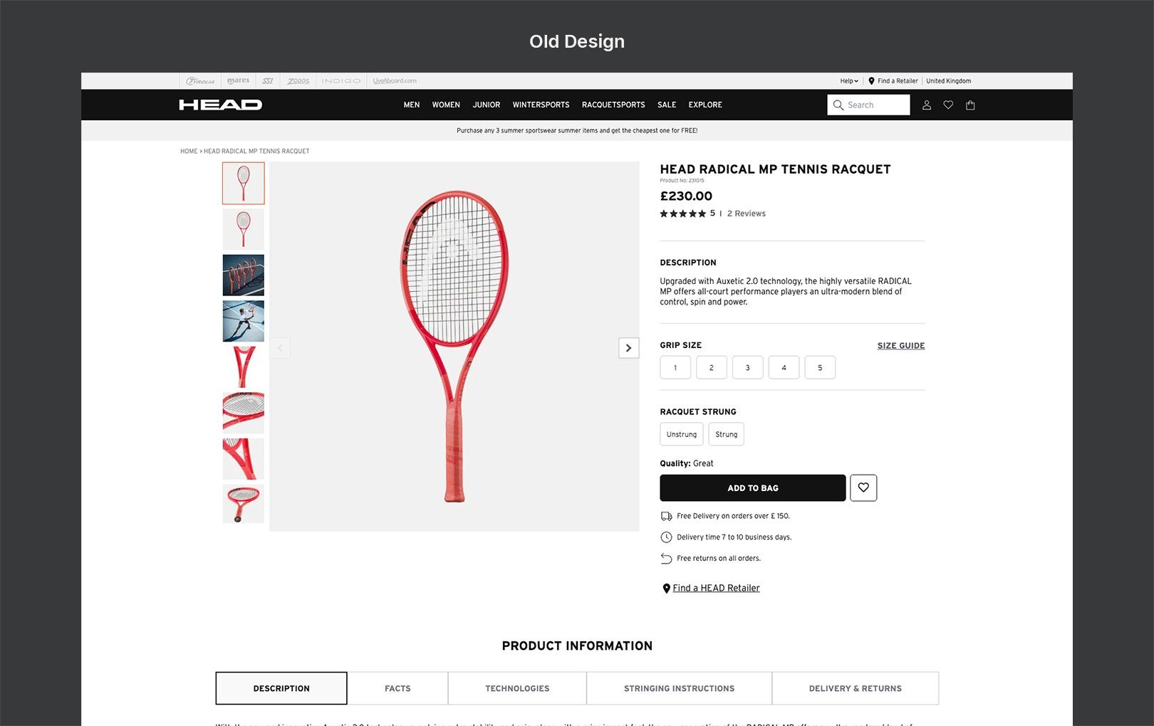 The old HEAD.com product page for the Radical MP racquet