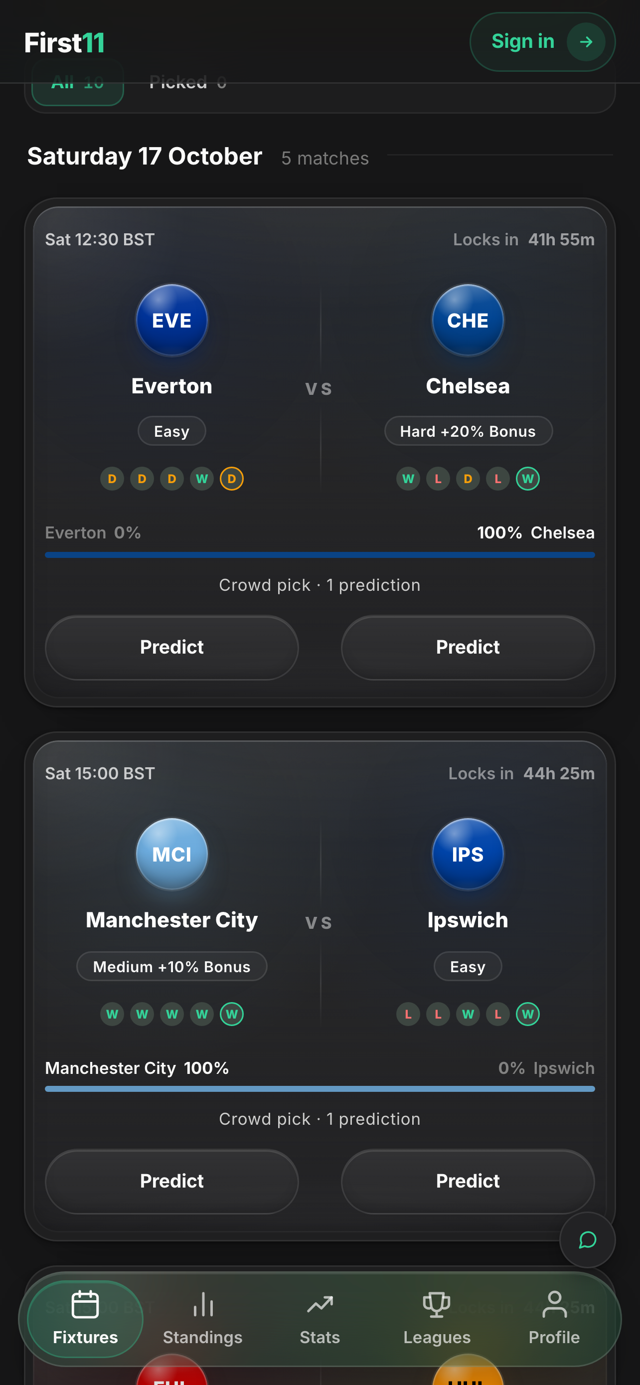 Fixture cards on a phone: kit colours, difficulty, recent form and the crowd split for each side