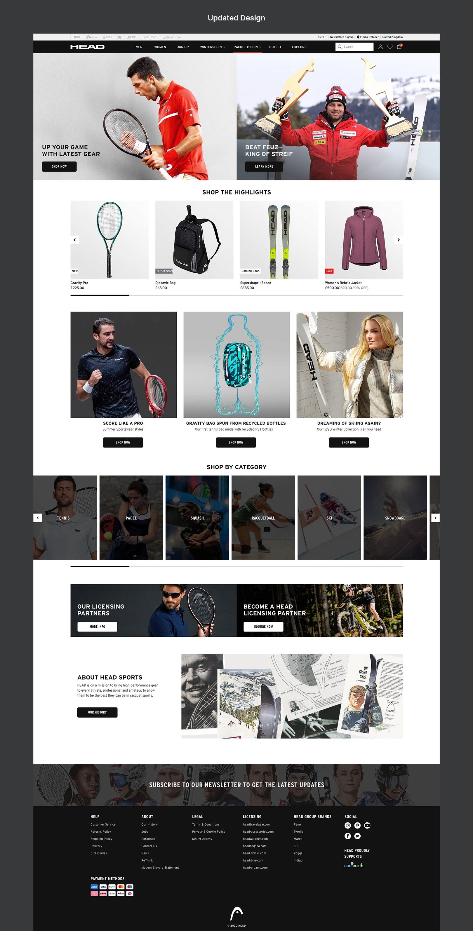 The redesigned HEAD.com homepage with split hero, product widget and modular content