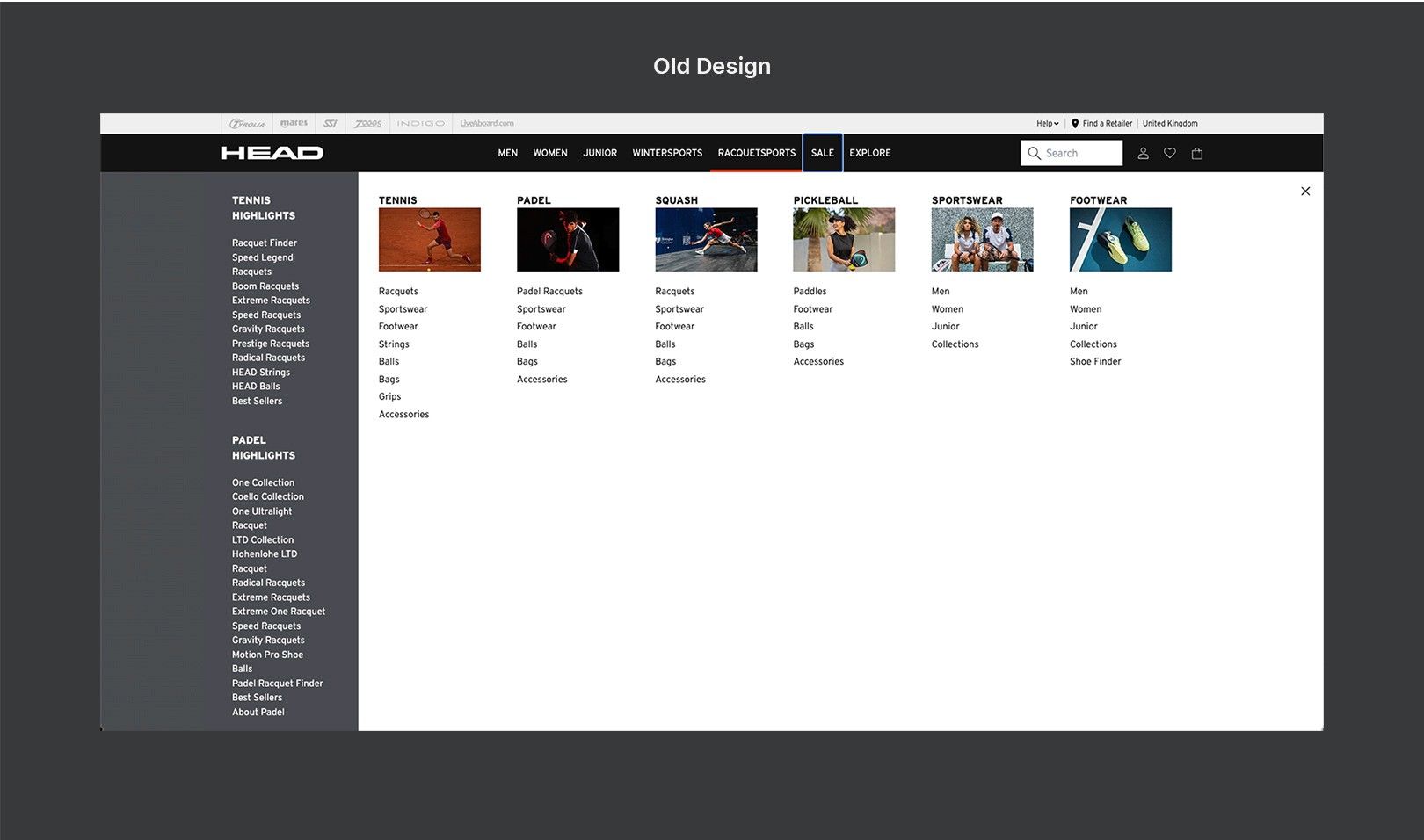 The old navigation menu: long text lists