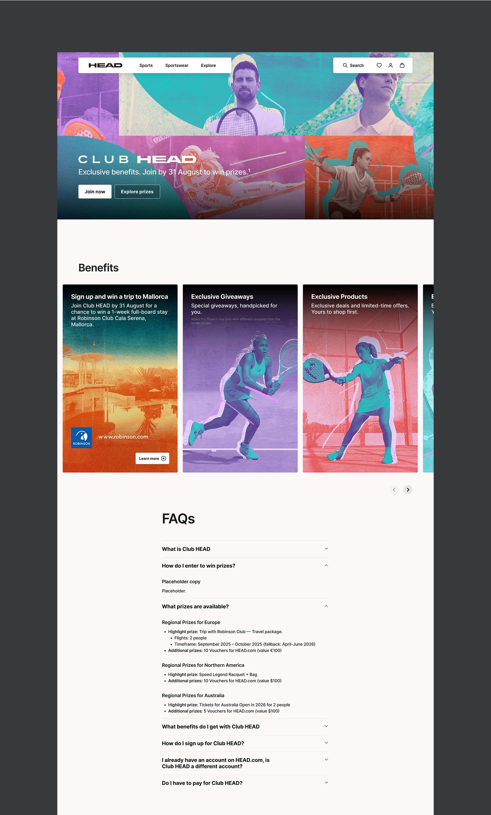 The Club HEAD landing page: hero, benefits and FAQs