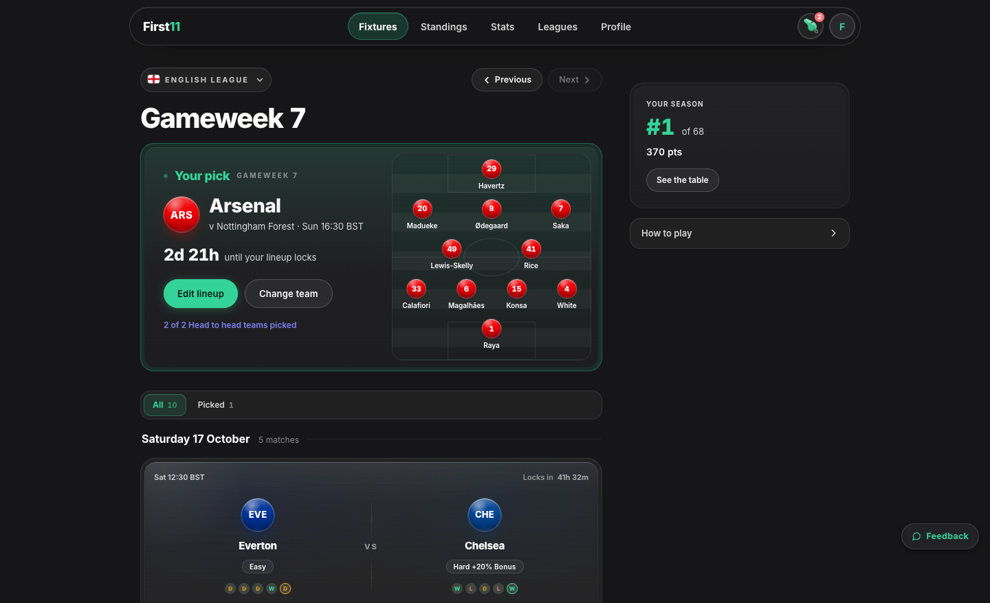 The fixtures page on desktop after picking: Arsenal’s eleven on a small pitch at the top of gameweek 7, with the time left until it locks