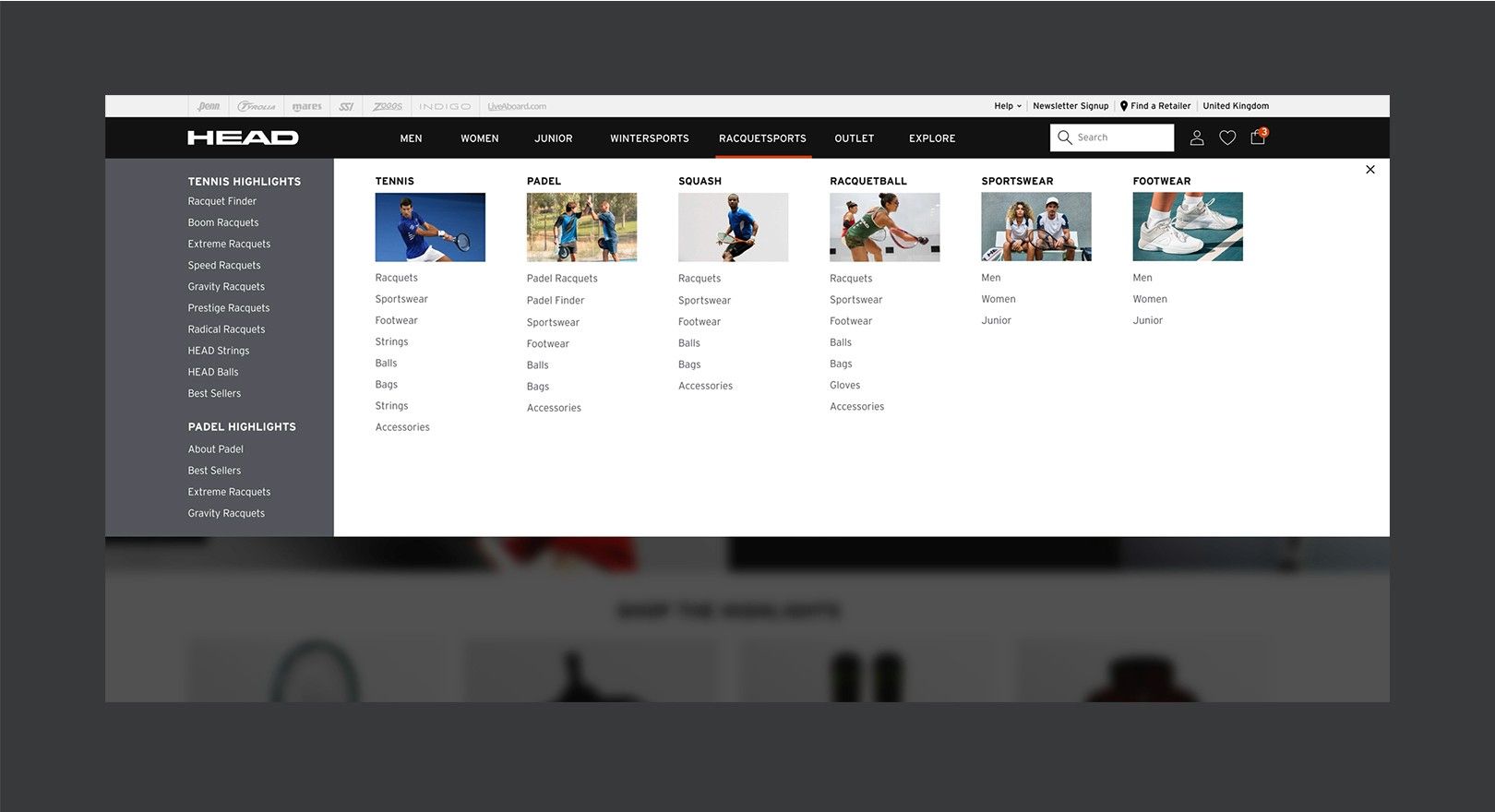 The new mega menu grouped by sport and gender