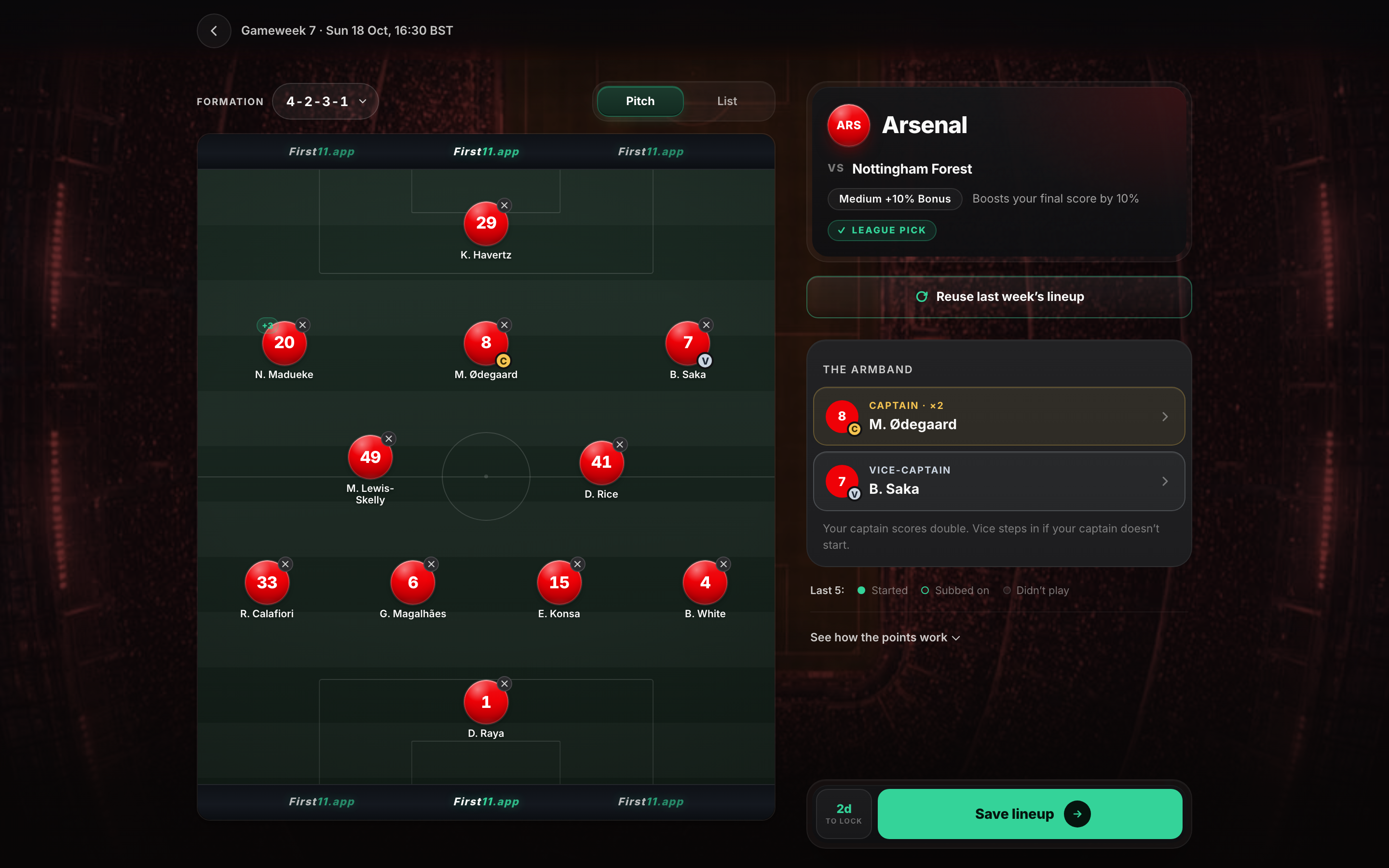 A complete Arsenal eleven in a 4-2-3-1 on desktop, with Ødegaard as captain and Saka as vice-captain