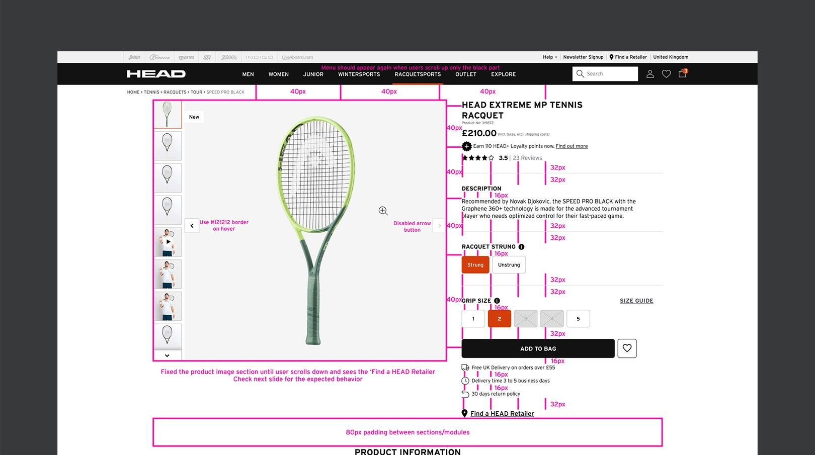 Annotated product page wireframe with interaction notes